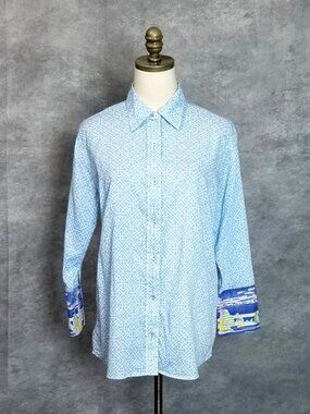 Tizzie by Dizzy Lizzie Shirt Blue Geometric Stretch Blouse Nautical Sailboat L